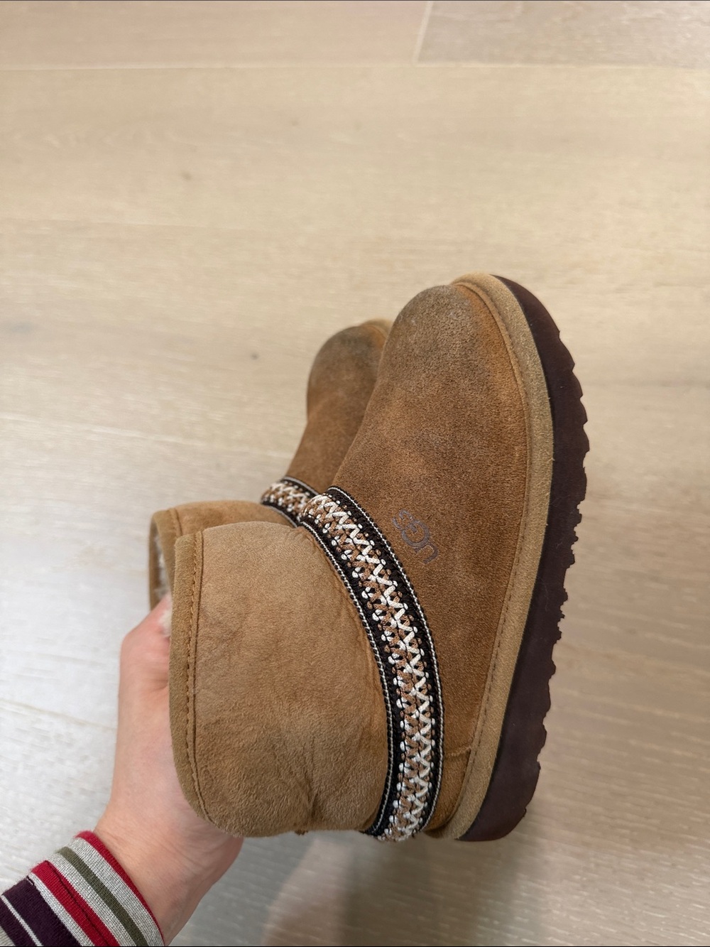 UGG Chestnut Brown Suede Boots with Embroidered Trim